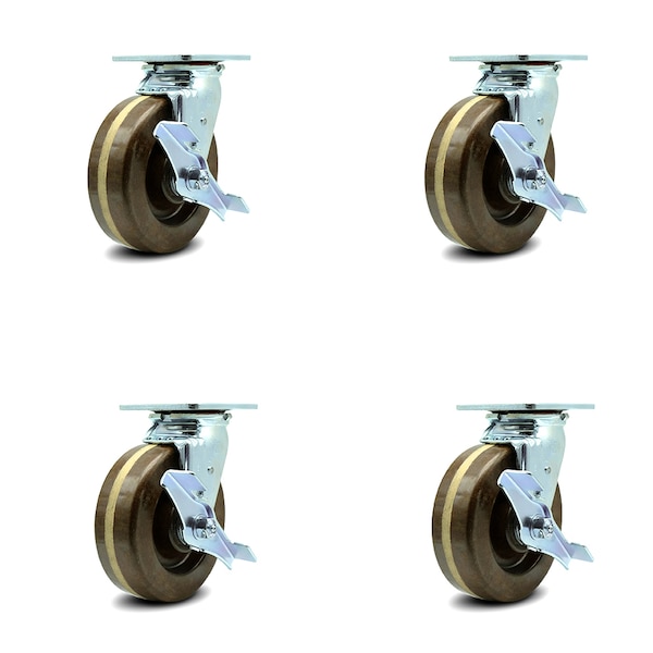 6 Inch High Temp Phenolic Caster Set with Roller Bearings and Brake/Swivel Lock